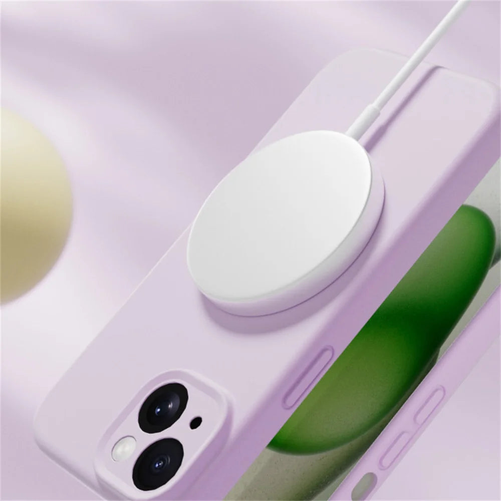 Liquid Silicone Case for iPhone 16 ProMax 15 Pro 14Pro Max 13 12 11 Magnetic wireless charging Soft Skin Smooth Cover Bumper