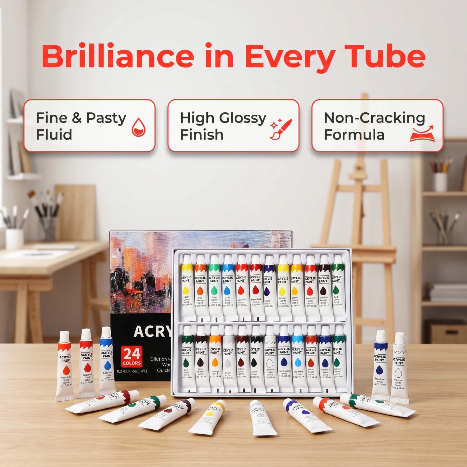 24 Colors Professional Acrylic Paint Set, 6ml Tubes for Canvas Wood Ceramic, Art Supplies for Beginners & Artists