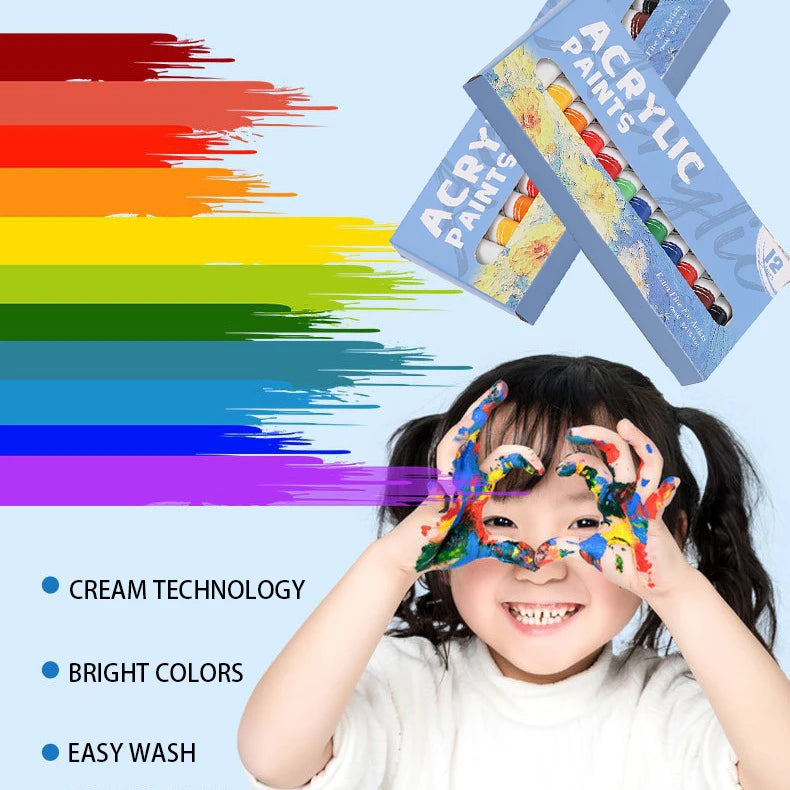 12 Colors 12ml Acrylic Paint Set, Non-Toxic Professional Art Pigments, Ideal for Canvas Wood Ceramic DIY Crafts, Safe for Artist