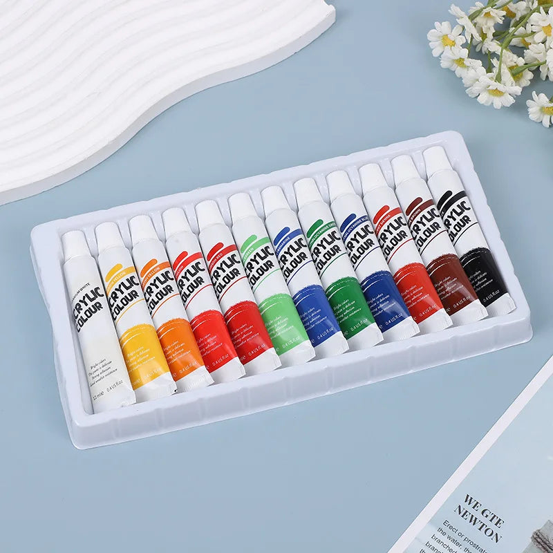 12 Colors 12ml Acrylic Paint Set, Non-Toxic Professional Art Pigments, Ideal for Canvas Wood Ceramic DIY Crafts, Safe for Artist