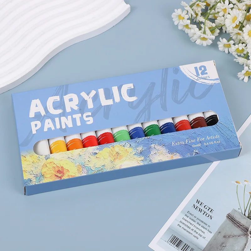 12 Colors 12ml Acrylic Paint Set, Non-Toxic Professional Art Pigments, Ideal for Canvas Wood Ceramic DIY Crafts, Safe for Artist