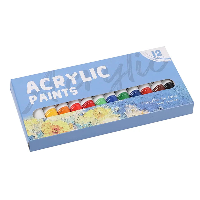12 Colors 12ml Acrylic Paint Set, Non-Toxic Professional Art Pigments, Ideal for Canvas Wood Ceramic DIY Crafts, Safe for Artist