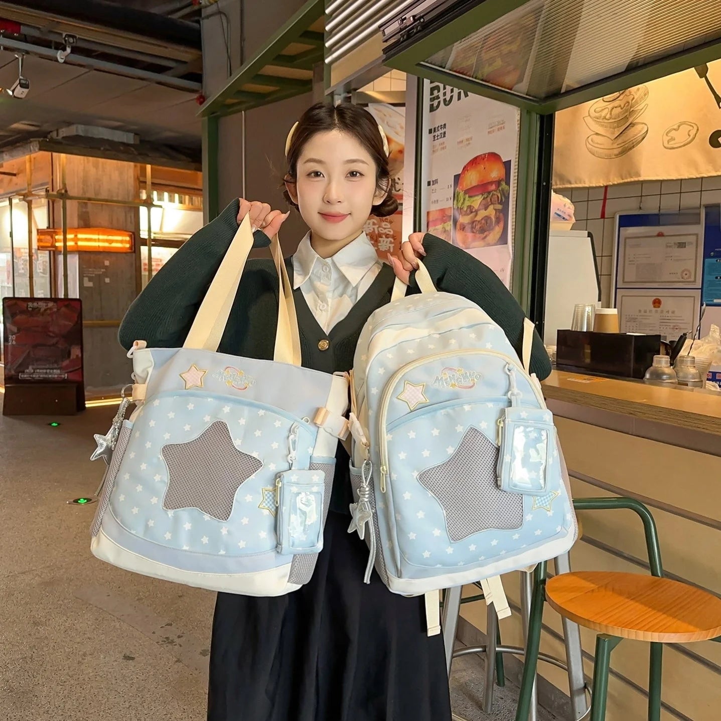 Blue Large Capacity Backpack for Elementary School Girls Dual Shoulder Lightweight Bookbag High Aesthetic Value School Bag
